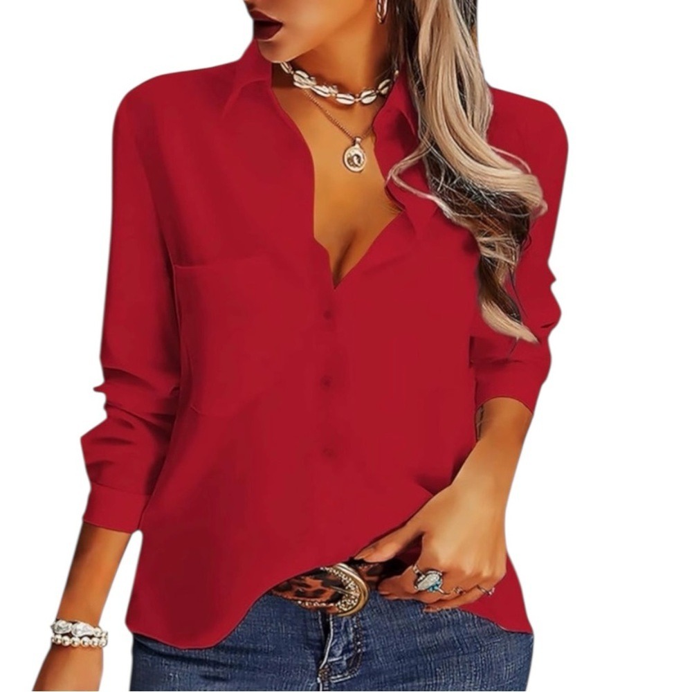 AISEW Button‎ Down Shirt, Long/Sleeve Collared Blouse , Color Red, Large